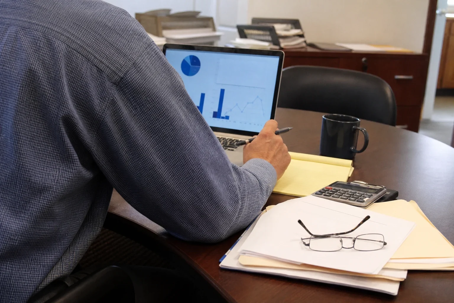 Man in a checked shirt reviewing charts on a laptop at an office conference table with a legal pad, calculator, folders and reading glasses