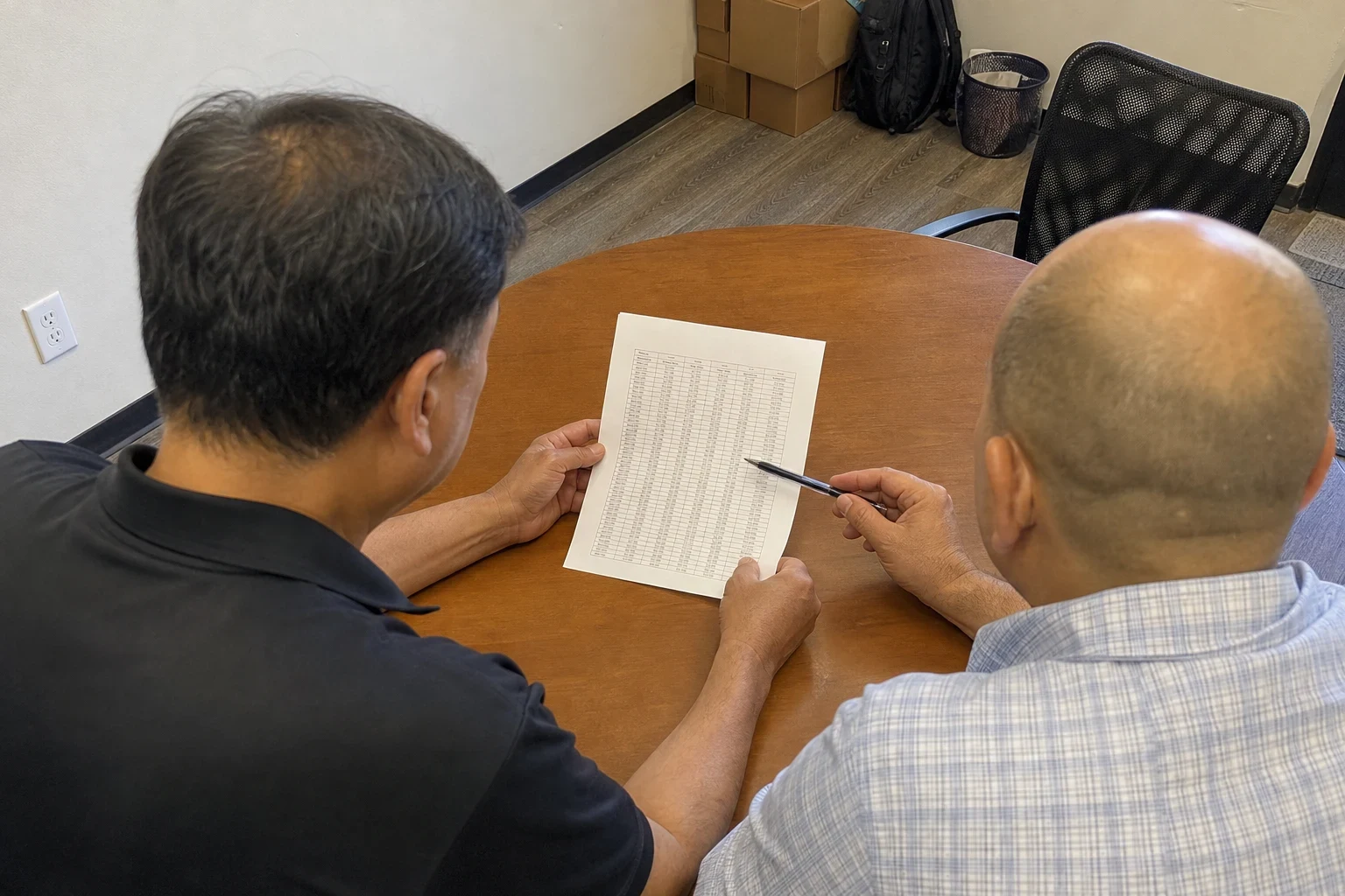 Two men seen from behind at a round wooden table reviewing a printed table of figures, one pointing with a pen, in a small office with boxes and a mesh chair