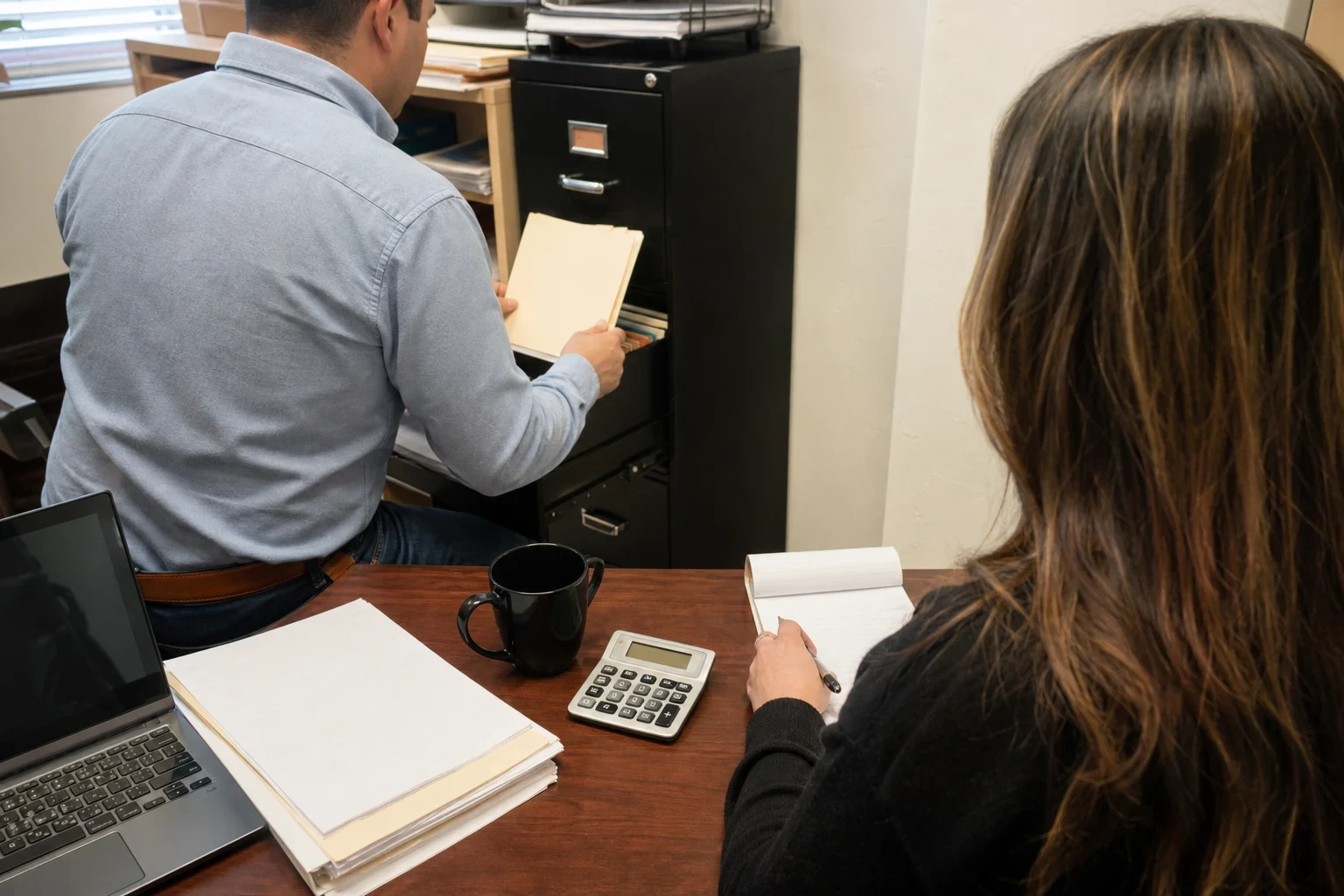 Man in a blue shirt pulls a manila folder from a black filing cabinet while a woman with a notepad waits at a wooden desk with a calculator, mug, laptop and papers