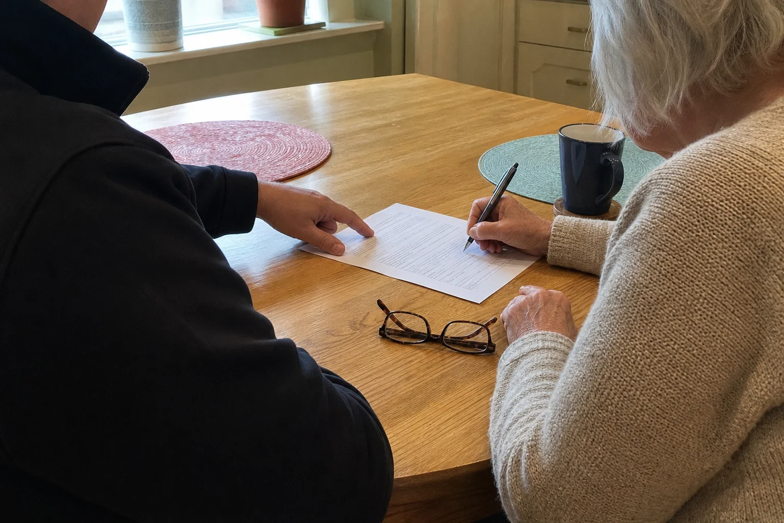 Agent in a dark jacket points to a printed form as an older woman in a knit sweater writes at a wooden kitchen table with reading glasses and a blue mug nearby
