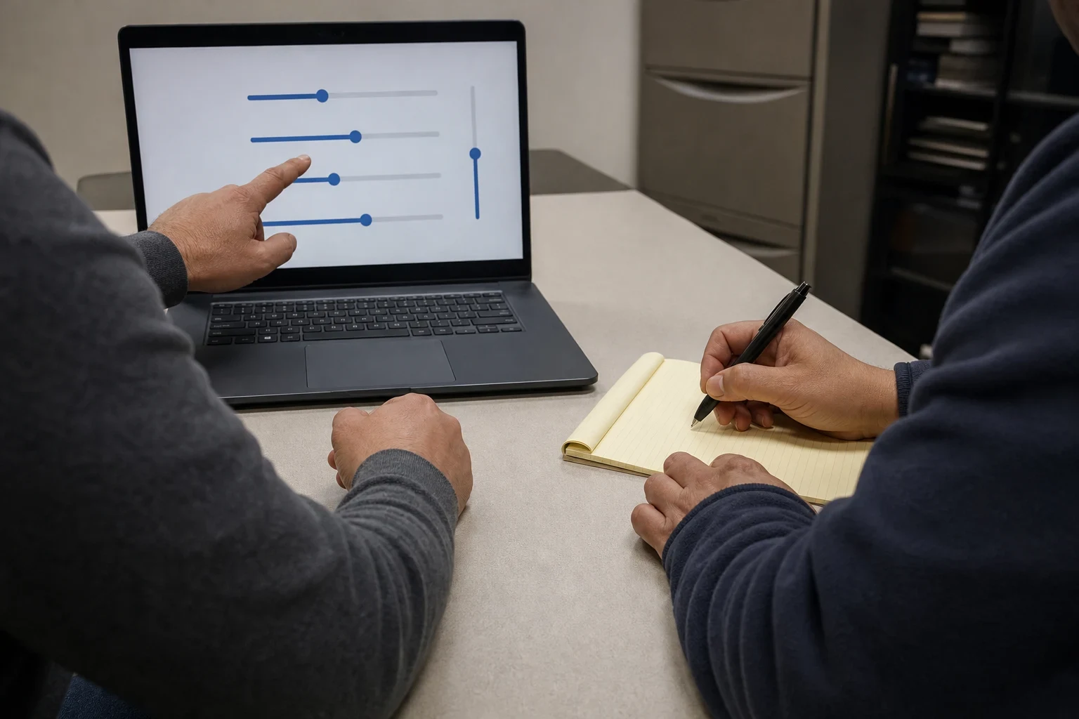 Agent pointing at adjustable slider options on a laptop screen while a client takes notes on a yellow legal pad at an office desk